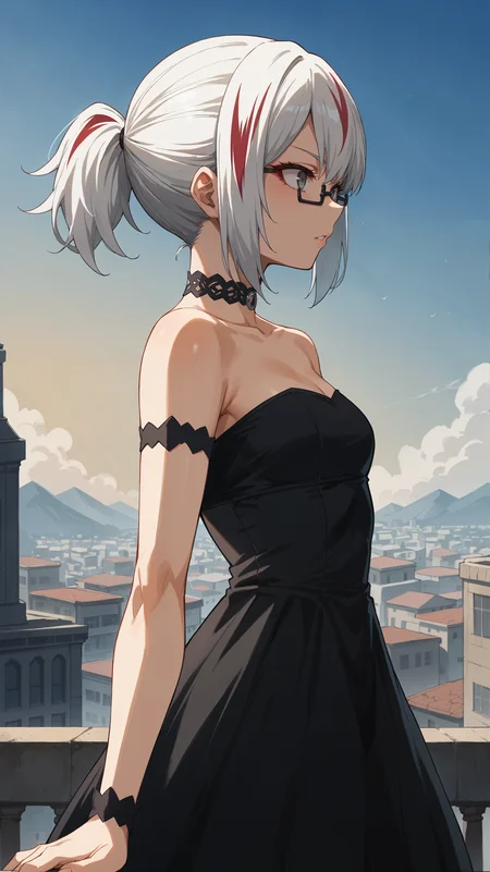 score_9,score_8_up,score_7_up,score_6_up, <lora:xl_more_art-full_v1:0.5>, source_anime, girl, dynamic pose, in profile, <lora:Fuyumi Todoroki - Pony-000004:0.8>, white hair, streaked hair, red streaks, multicolored hair, black glasses, grey eyes, short ponytail, black dress, gothic dress, choker, strapless dress, bare shoulders, choker, city, rooftop, armlet,