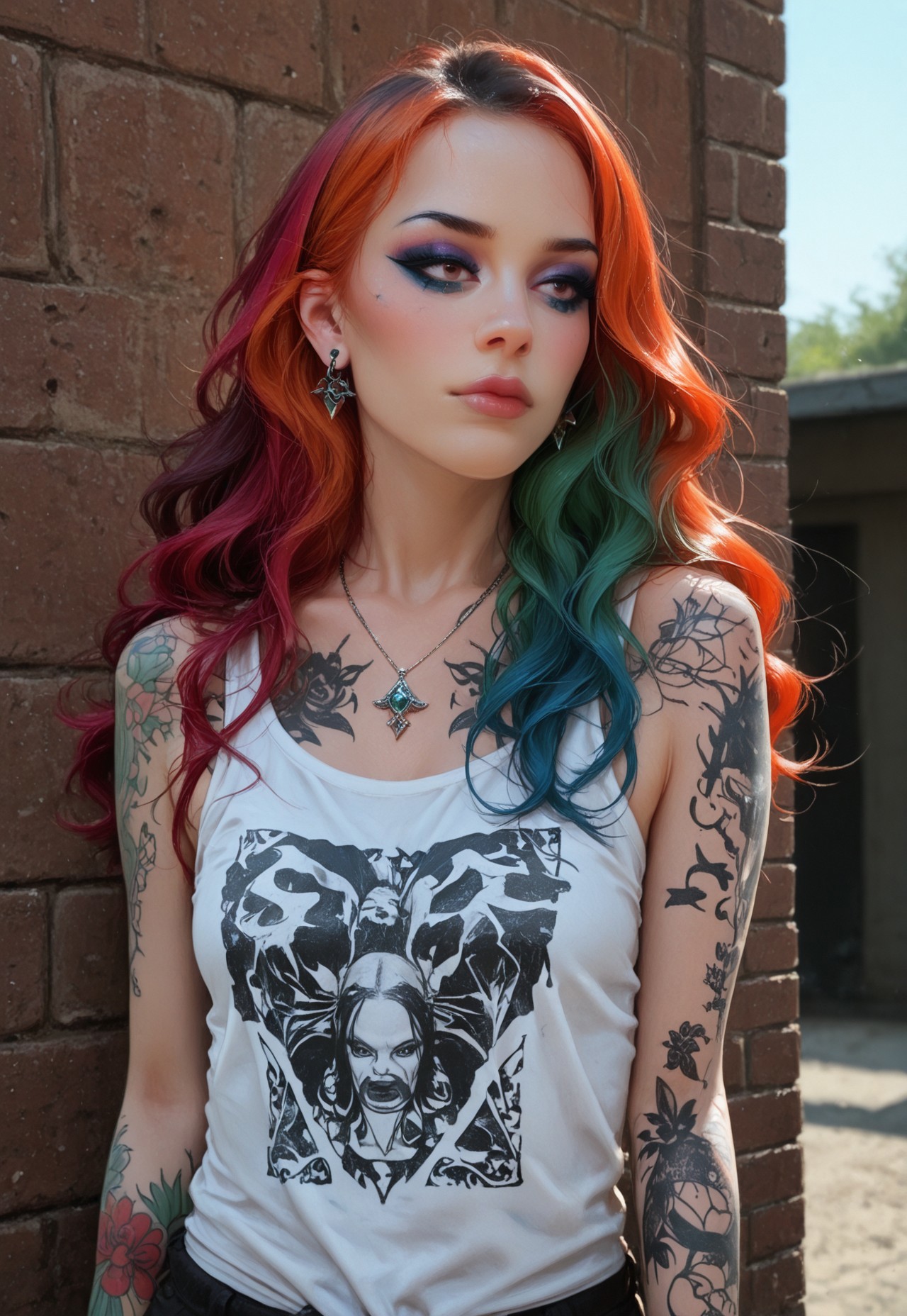 score_9,score_8_up, multicolored hair, hair,1girl, day, long hair, multi colored hair, alt girl, makeup,emo, emo makeup, lips, closed mouth, wavy hair, long hair, realistic,tank top,jewelry,necklace, (tattoos:1.8),earrings,posed, seductive,  shot from waist up