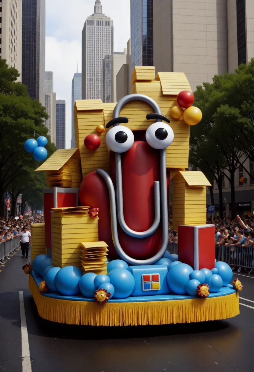<lora:Parade_Float_Fashioner_FLUX-000005:0.9> <lora:Clippy20_-_Microsoft_Office_F1D:1>
The image is a realistic photograph capturing a vibrant, elaborate Microsoft Office themed parade float featuring Clippy with big eyes.