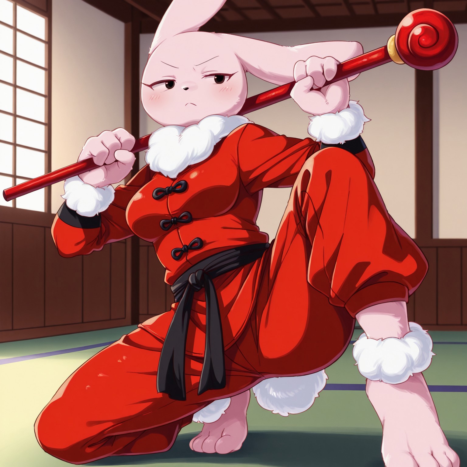 8k, uncensored, masterpiece, best quality, highly detailed, cartoon, 1girl, solo, Mochiduki, furry, anthro, bunny, lagomorph, black eyebrows, black nose, thin eyebrows, black eyes, pink skin, white neck tuft, white wrist tuft, white anklet tuft, white bunny tail, medium breasts, (kung fu, fighting pose, crouching), serious look, closed mouth, looking at viewer, dojo, front view, detailed background, (((4 fingers, clenched fist, holding weapon, holding staff))), indoors, upper body, (4 toes), flexible, ((fully clothed, red kung fu uniform, red pants))