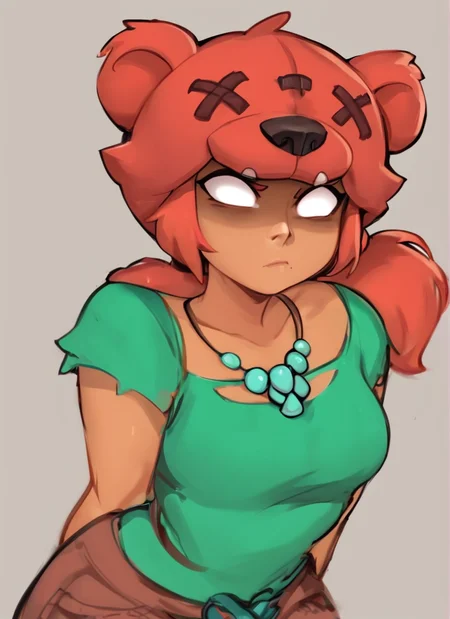 score_9, score_8_up, score_7_up, <lora:bsnita-000006:0.9>bsnita, dark-skinned female, , 1 girl , solo , red hair ,necklace, green dress ,ponytail, ,bear ears ,,simple background, white pupils, shaded face,bear girl, brown pants, <lora:Kittew-4RCH0N:1> , 4RCH0N