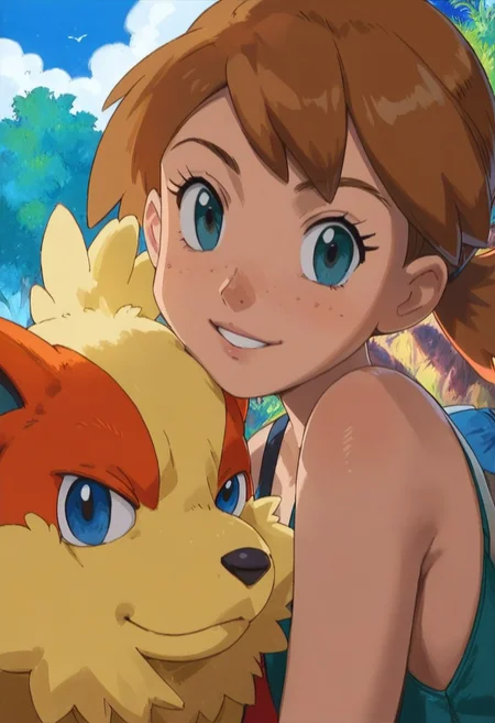 score_9, score_8_up, score_8, PokémonStyle, may and misty from pokemon : 1,0, side by side, outside, tuching each other, sexy, hourglass body, looking at viewer, eye contact, perfect quality,