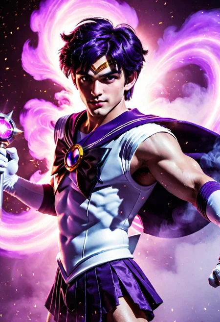 League of Legends, 1male, male focus, riot style, digital art, concept art, realistic, fantasy, 4k, best quality, masterpiece, extremely detailed, very detailed face, very detailed eyes, dynamic angle, seen from the above, dynamic pose, 3D, vintage sci fi poster of a lean male, MAN, MALE, short, gorgeous, stunning, young man, purple hair, medium hair, emo hair, round face, huge plumped lips, big lips, blushed, videogame eyes, shaved beard, man only, mysterious, smirking, wearing a sailor saturn dress, sailor senshi uniform, holding a glaive, flying in space, surrounded by smoke, (cinematic light, volumetric), Cinematic Shot, splash art