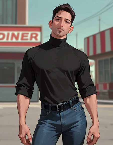 masterpiece, best quality, absurdres, newest, perfect quality, best quality, male focus, solo, 2d, cartoon, <lora:The Iron Giant - Dean McCoppin - Illustrious:0.7>, dmccoppin, 1boy, black hair, short hair, stubble, goatee, brown eyes, head tilt, looking at viewer, contrapposto, black turtleneck, sleeves rolled up, jeans, black belt, black shoes, outdoors, diner