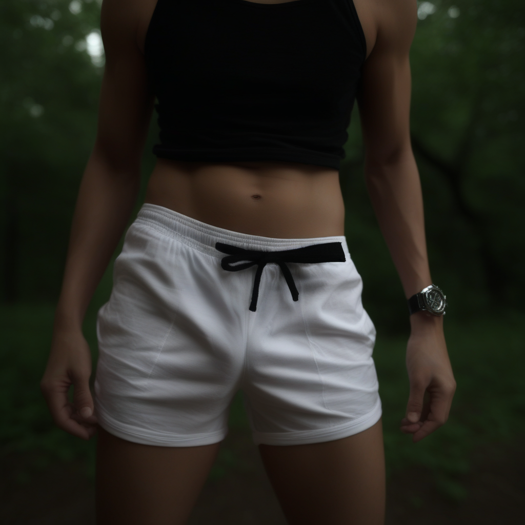 white panties, wristwatch, close-up, tree, thighs, holding, shorts, solo, wooden floor, abs, black hair, photo background