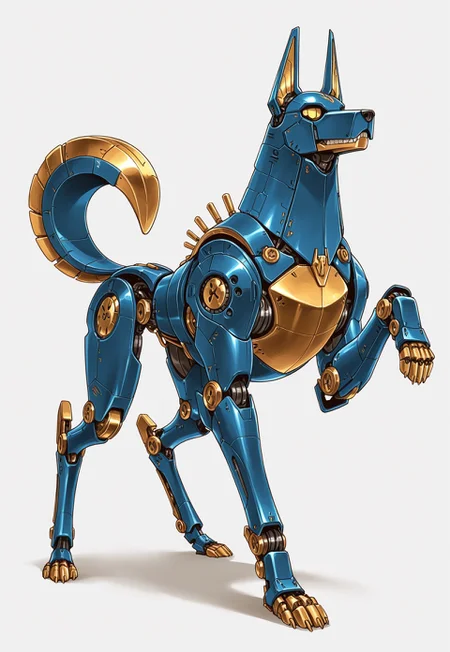 ww1era, victorianera, 18cera, alone, solo, portrait, full body, simple background, white background, no background, simple floor, full body, retro style, automaton, mechanical robot, old steel, old iron, animal posture, animal pose, cuadrupedal, creature body, dog body, dog face, mechanical teeth, mechanical claws, blue iron body, bronze details, dog pose, dog posture, non-human, non-man
<lora:RavenScript :1>