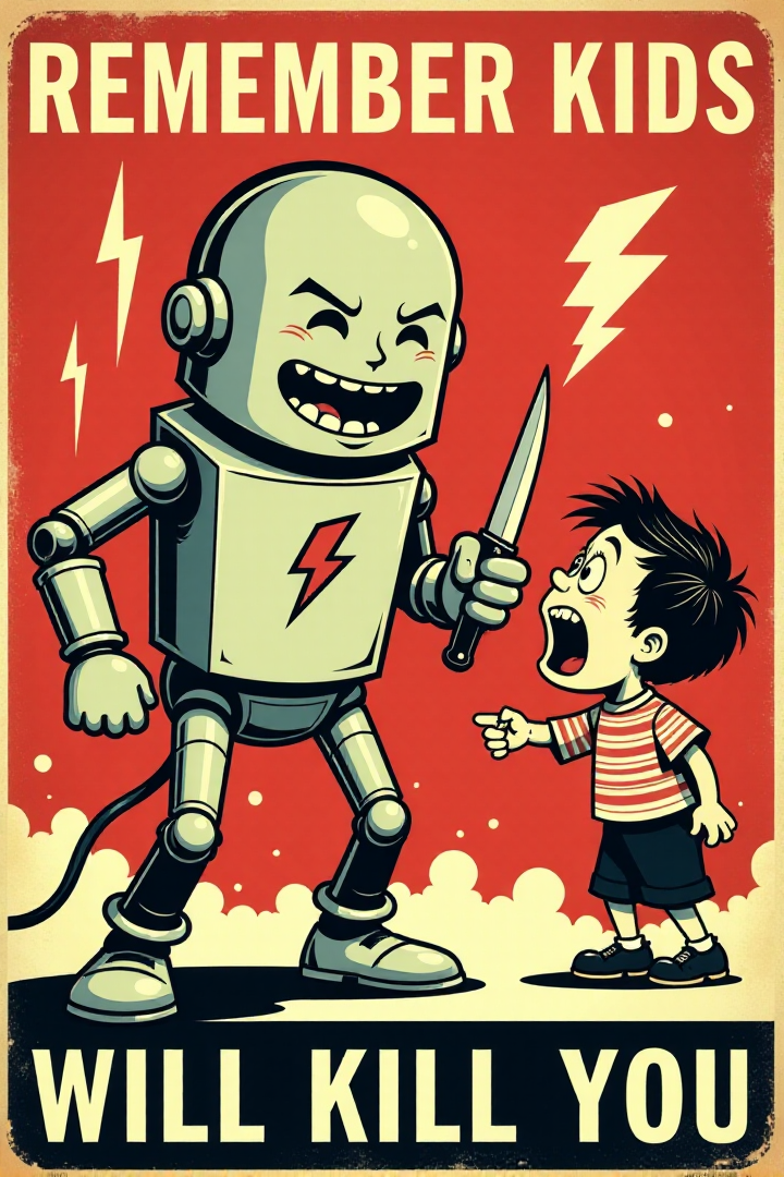 Generate an image in the style of a vintage 1950s public service announcement or propaganda poster. The image should be a warning sign with a dark humor theme. Depict a menacing, personified electricity bolt character holding a knife and pointed at a terrified cartoon child. Include the text "REMEMBER KIDS" and "ELECTRICITY WILL KILL YOU".  Use a bold, vintage font, a red, white, and black color scheme, lightning bolt symbols and a grainy texture. Keywords: vintage cartoon, propaganda poster, 1950s, public service announcement, warning, electricity, danger, funny, dark humor, retro  <lora:REMEs_War_Poster_Style:0.9> In REME's War Poster Style,âââ