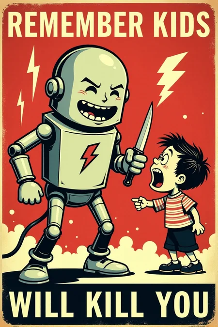 Generate an image in the style of a vintage 1950s public service announcement or propaganda poster. The image should be a warning sign with a dark humor theme. Depict a menacing, personified electricity bolt character holding a knife and pointed at a terrified cartoon child. Include the text "REMEMBER KIDS" and "ELECTRICITY WILL KILL YOU". Use a bold, vintage font, a red, white, and black color scheme, lightning bolt symbols and a grainy texture. Keywords: vintage cartoon, propaganda poster, 1950s, public service announcement, warning, electricity, danger, funny, dark humor, retro <lora:REMEs_War_Poster_Style:0.9> In REME's War Poster Style,âââ
