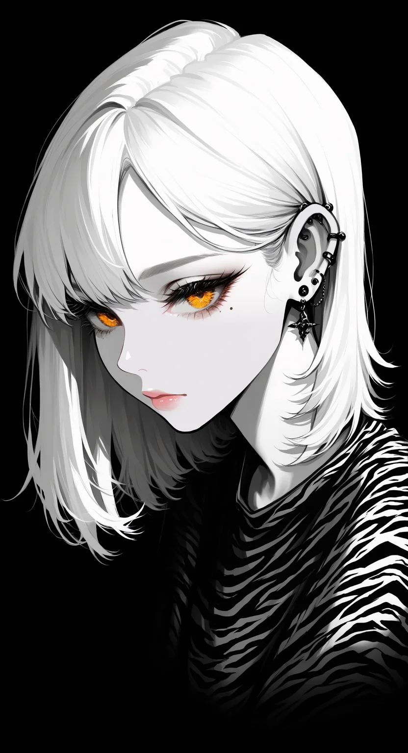 masterpiece, best quality, good quality, very aesthetic, absurdres, newest, 1girl, solo, looking at viewer, shirt, closed mouth, jewelry, yellow eyes, white hair, earrings, medium hair, mole, black shirt, orange eyes, eyelashes, lips, mole under eye, piercing, black background, portrait, ear piercing, spot color, hair behind ear,Fashion,head_down, Side head,pink_lips, tiger print, spot color, <lora:ponyv5_noobV065S_1_adamW-000013:0.7> <lora:USNR_STYLE_XL_lokr:0.45>
