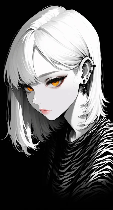masterpiece, best quality, good quality, very aesthetic, absurdres, newest, 1girl, solo, looking at viewer, shirt, closed mouth, jewelry, yellow eyes, white hair, earrings, medium hair, mole, black shirt, orange eyes, eyelashes, lips, mole under eye, piercing, black background, portrait, ear piercing, spot color, hair behind ear,Fashion,head_down, Side head,pink_lips, tiger print, spot color, <lora:ponyv5_noobV065S_1_adamW-000013:0.7> <lora:USNR_STYLE_XL_lokr:0.45>