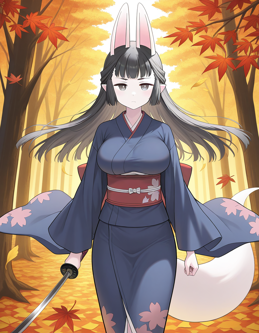 general,highres, ultra-detailed,very aesthetic,best quality ,best hands,  BREAK <lora:Hasaha_IS:1.1> Hasaha, animal ears, black hair, brown eyes, pointy ears,  white tail, large breasts,
 long hair, serious face, holding, looking at viewer, cowboy_Shot, Japanese sword, blue kimono, red sash,  floral print
forest, 
autumn,
fallen leaves,