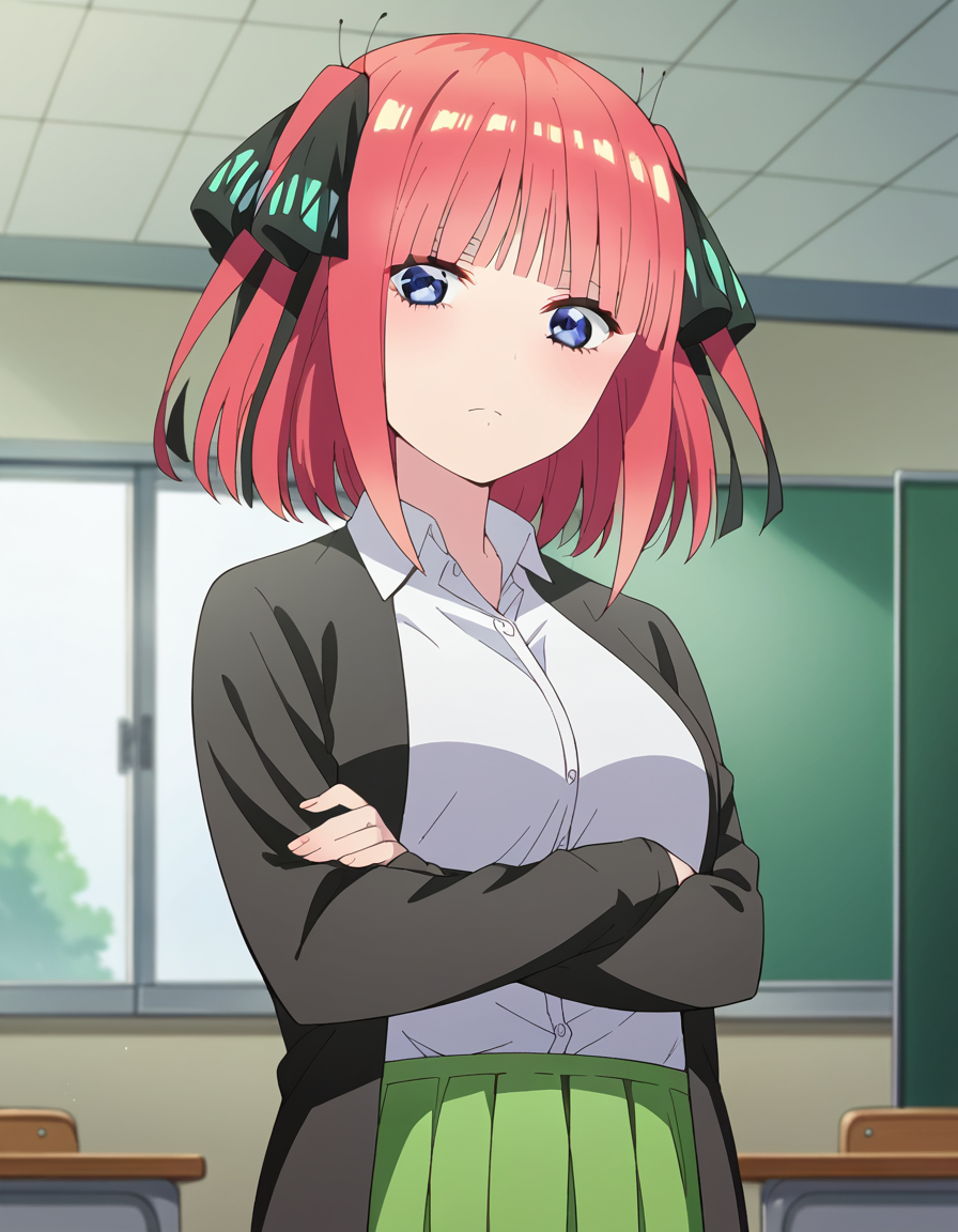 score_9, score_8_up, score_7_up, source_anime,
ninonakano, <lora:nino-nakano-s2-ponyxl-lora-nochekaiser:1>, 
nino nakano, short hair, bangs, blue eyes, hair ornament, hair ribbon, pink hair, blunt bangs, two side up, butterfly hair ornament, mature female,
skirt, shirt, long sleeves, white shirt, pleated skirt, open clothes, collared shirt, sleeves past wrists, dress shirt, cardigan, green skirt, open cardigan, black cardigan,
indoors, classroom, crossed arms,
looking at viewer, cowboy shot, dutch angle, solo,
