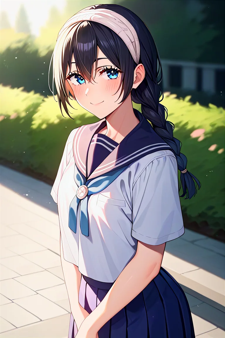 score_9, score_8_up, score_7_up, score_6_up, score_5_up, score_4_up, rating_questionable, , source_anime, digital illustration, pixiv, fanbox, uncensored, , BREAK, official art,
1girl, solo, female, amanai riko, black hair, braid, headband, blue eyes,
school uniform, white serafuku, , blush, light smile, outdoors, cowboy shot, looking at viewer, colorful, vivid <lora:Amanai_Riko_Pony2-10:0.8>