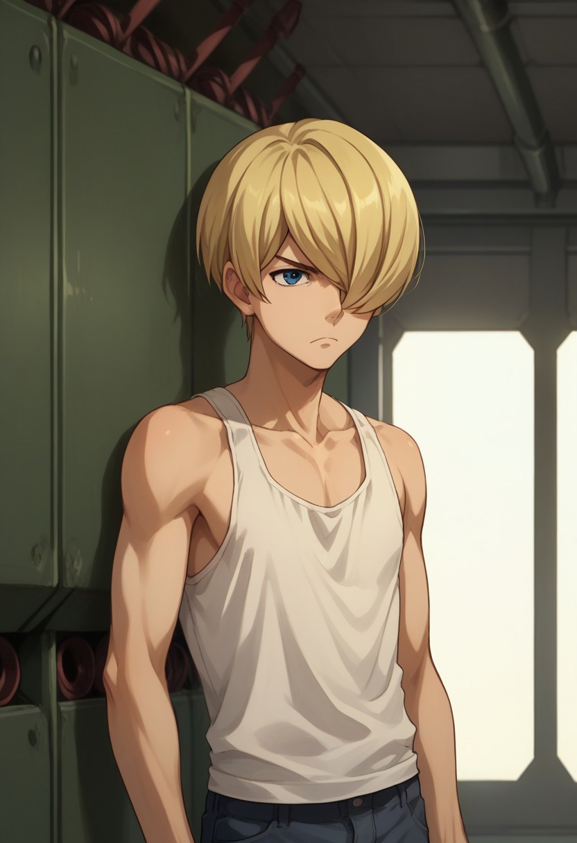 score_9, score_8_up, score_7_up, source_anime, highly detailed, 
yamagi, 1boy, solo, blonde hair, male focus, blue eyes, hair over one eye, upper body, pants, tank top, frown, collarbone, slender, skinny
indoor, hangar,