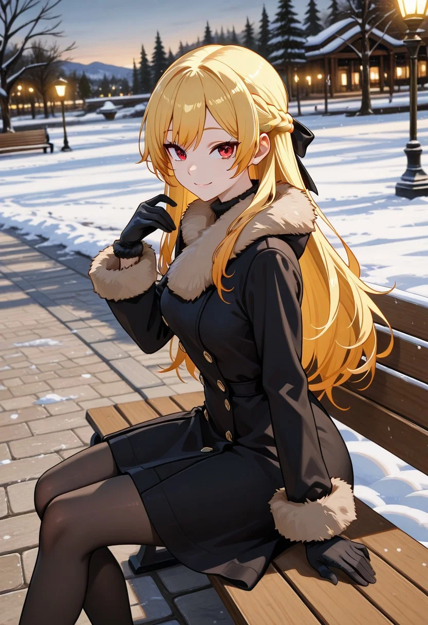 1girl, solo, anime coloring, anime artwork, unholy-aesthetic, masterpiece, best quality, newest, absurdres, highres, safe, CG, cinematic lighting, natural shadow, highest detail, detailed background, intricate scenery, depth of field, insane details, intricate, subsurface scattering, very aesthetic, serene atmosphere, artistic rendering, dramatic contrast, luminous elements, soft painterly texture, striking visual design, finely detailed face, beautiful face, dutch angle, cinematic angle, from side,
looking at viewer, kind smile,
sitting, sitting on bench,
park, tree, lamp post, snow, cobblestone,
<lora:kaelaIL:0.45> kaelaIL, long hair, french braid, blonde hair, red eyes, tsurime,
<lora:VintageFurTrimCoatILL:0.8> fur trim, fur-trimmed coat, coat, pantyhose, gloves, fur-trimmed gloves, (black gloves:1.5)