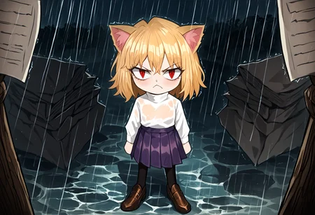 score_9, score_7_up, score_6_up, source_anime, uncensored, zPDXLxxx, vector trace, flat color, cel shading, <lora:ProjectMoon_Style_v1.0:1.1> paper child, rain, see-through shirt,
<lora:necoarc-guy-PONYv1_1:1> necoarc, blonde hair, red eyes, slit pupils, cat ears, :3, chibi, turtleneck, white shirt, blue skirt, pleated skirt, pantyhose, brown footwear, turtleneck, white shirt, purple skirt, pantyhose, glaring,