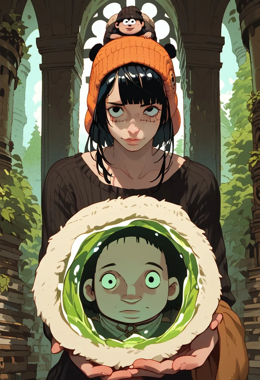 score_9, score_8_up, score_7_up, score_6, score_5, anime, hyper detailed face, perfect face, perfect eyes, perfect anatomy, perfect hands, closeup, 1boy, solo, black eyes, black hair, fully clothed, athletic, dungeon, medieval fantasy, ((Koala hat, koala beanie, Croco_scar across face))