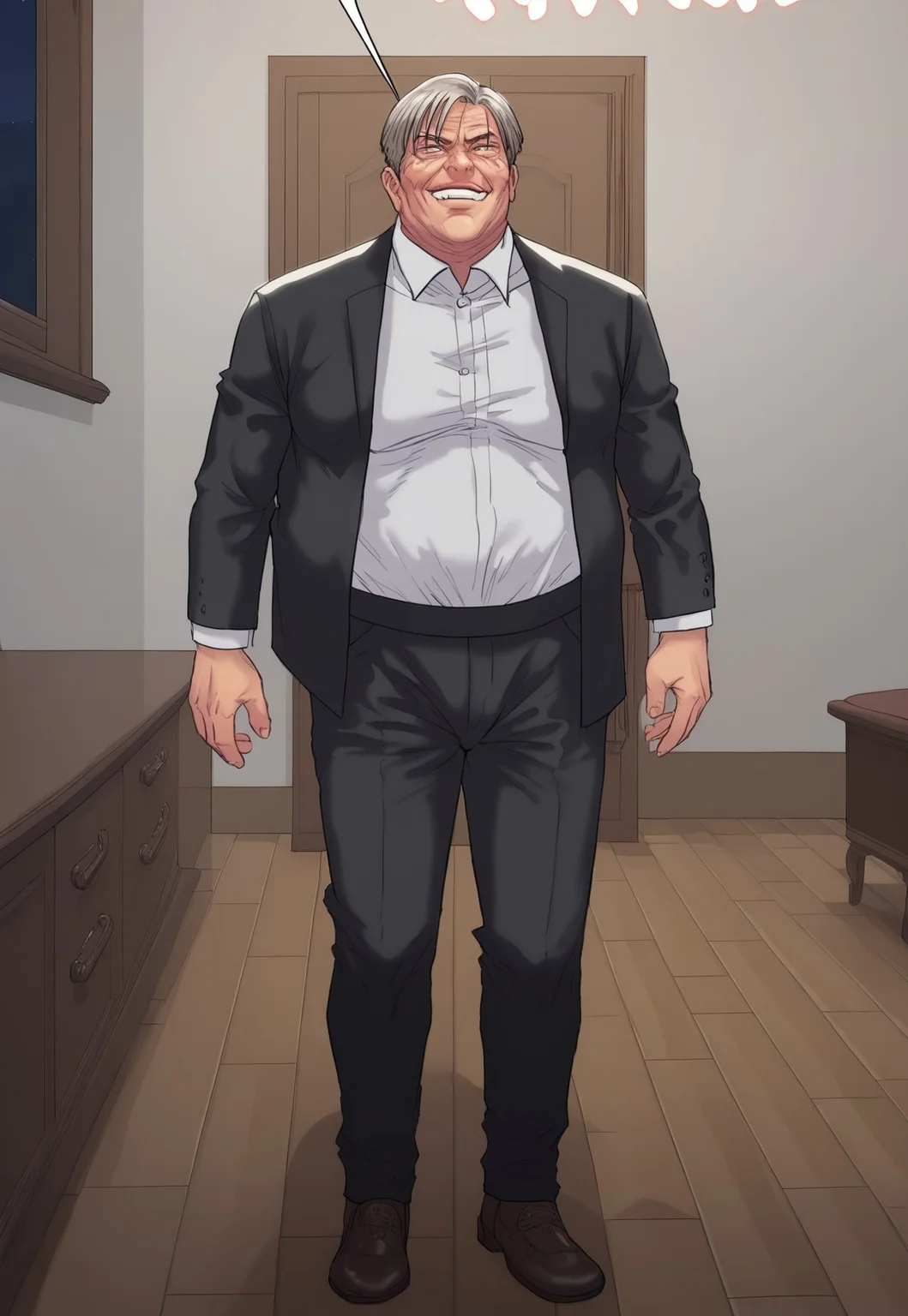 score_9, score_8_up, score_8_up, 1boy (old man, wearing black suit, white collared shirt underneath), man standing in doorway, lit doorway, door slamming open, wooden brown door, man smirking, man opening door, badass, solo male, close up on mans face, high resolution, man looking down at viewer, man evil expression, close up, zoom on face,
indoor setting, indoors,night,carpet,stage,stripper pole,curtains,table,l
pink theme,pink light,pink neon stage, gothicPXL