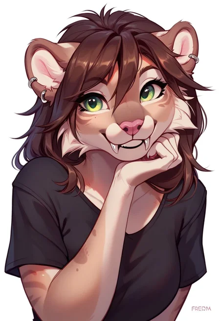 score_9, score_8_up, score_8, 1girl, anthro sabertooth cat, green eyes, brown hair, beige fur, pink nose, round ears, black t-shirt, smiling, cute, portrait, posing