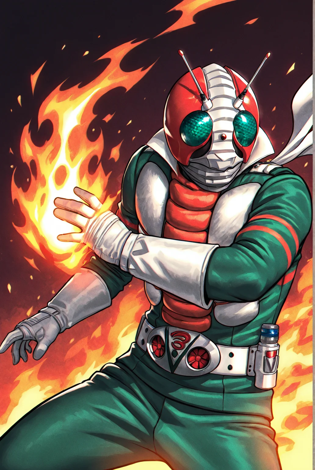 score_9,score_8_up,score_7_up,best quality,ultra-detailed,high resolution,digital painting,8k,1boy,solo,male focus,detailed face,antennae,belt,helmet,gloves,tokusatsu,green bodysuit,scarf, fire, fighting stance,<lora:add-detail-xl:1>,<lora:Kamen RIder V3:0.8>,kamen r1der v3,<lora:LYDart StyleIlluLYCO:0.2>,ydart,