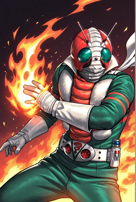 score_9,score_8_up,score_7_up,best quality,ultra-detailed,high resolution,digital painting,8k,1boy,solo,male focus,detailed face,antennae,belt,helmet,gloves,tokusatsu,green bodysuit,scarf, fire, fighting stance,<lora:add-detail-xl:1>,<lora:Kamen RIder V3:0.8>,kamen r1der v3,<lora:LYDart StyleIlluLYCO:0.2>,ydart,