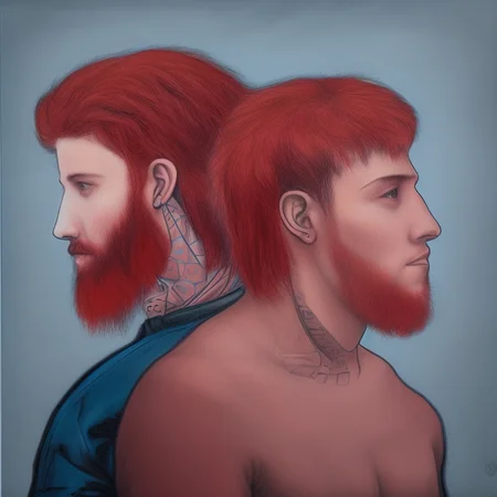 dskyart1 a drawing of two men with red hair and piercings on their ears and shoulders, one with a black shirt and the other with a blue shirt, Adam Dario Keel, synchromism, cyberpunk art, very detailed faces dskyart1
