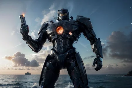 Fine detail, 4K wallpaper, arms outstretched, giant robot, body and arms sharply defined, full body,masterpiece, best quality,mecha,Gipsy Danger,realistic,blue_theme, fantasy, no_humans, scenery, Pacific Rim Jaeger, from Pacific Rim, Pacific Rim, Movie 4K wallpaper, 4K wallpaper, HD wallpaper, Movie Pacific Rim, Movie Still 8K, HDR, Best Picture Quality, the main body is the seventh generation Jaeger, two burning turbonuclear reactors located in the center of the chest, the right arm equipped with a long straight chain sword, and the left arm equipped with a plasmacaster, brilliant infinite Pacific Ocean, fully suitable for 8K wallpaper, HDR8Ku;(gOs8KhLbX~sY*^sm,w[`N0J43g3r{,NNh8_N:N$N*qpvmnh8S^XOMNN-SvRQ]{Iy[Pp0XveWY*^smT~QvY)zzO_bbu;bvfo0