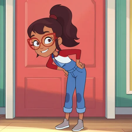 Hailey banks, 1girl, solo, tan skin, freckles, brown hair, brown eyes, ponytail, red glasses,
Blue overalls, One shoulder strap, red and white shirt, long sleeves, gray shoes,
full body, standing, smile, looking at viewer, leaning forward, hands on hips