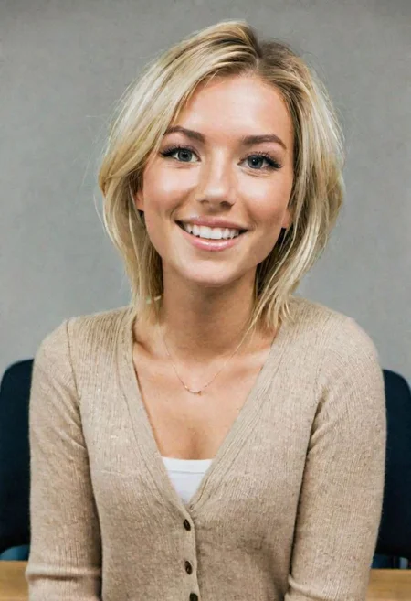 full body photo of beautiful blonde 18yo Sophie Malin Lund from Sweden, standing up, (blue eyes), smiling, beautiful face, cleavage, pink cardigan, short sliced bob, glossy lips, mascara, eyeliner, OverallDetail, busy crowded classroom