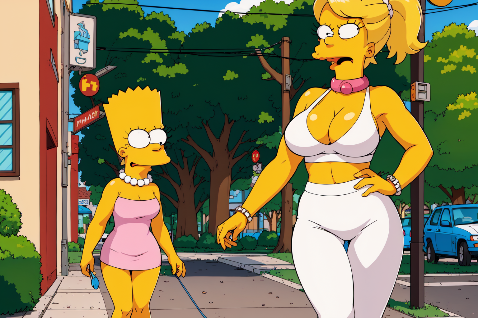 a woman with sexy body and outfit, blonde hair, walking in the sidewalk with a man by her side, EdobSimpsons  <lora:EdobSimpsons_v1.1:0.8>