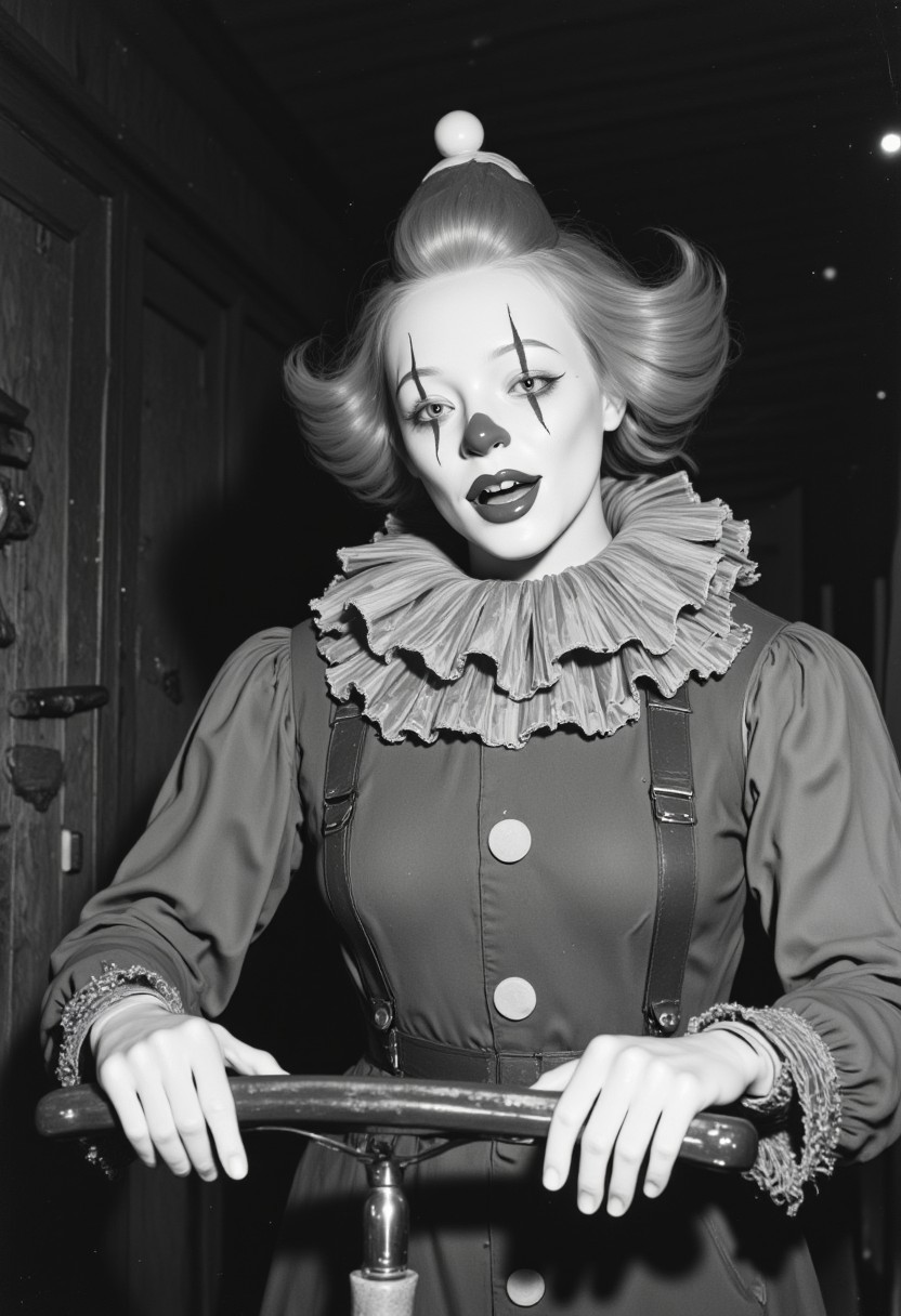 live action found footage, old photo, A series of black and white photos depicting a 'haunted' carnival ride from the 1960s, where ghostly figures were reported. The images show empty cars moving on their own, and a creepy clown animatronic that appears to turn its head to follow the photographer.