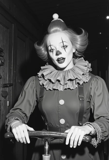live action found footage, old photo, A series of black and white photos depicting a 'haunted' carnival ride from the 1960s, where ghostly figures were reported. The images show empty cars moving on their own, and a creepy clown animatronic that appears to turn its head to follow the photographer.