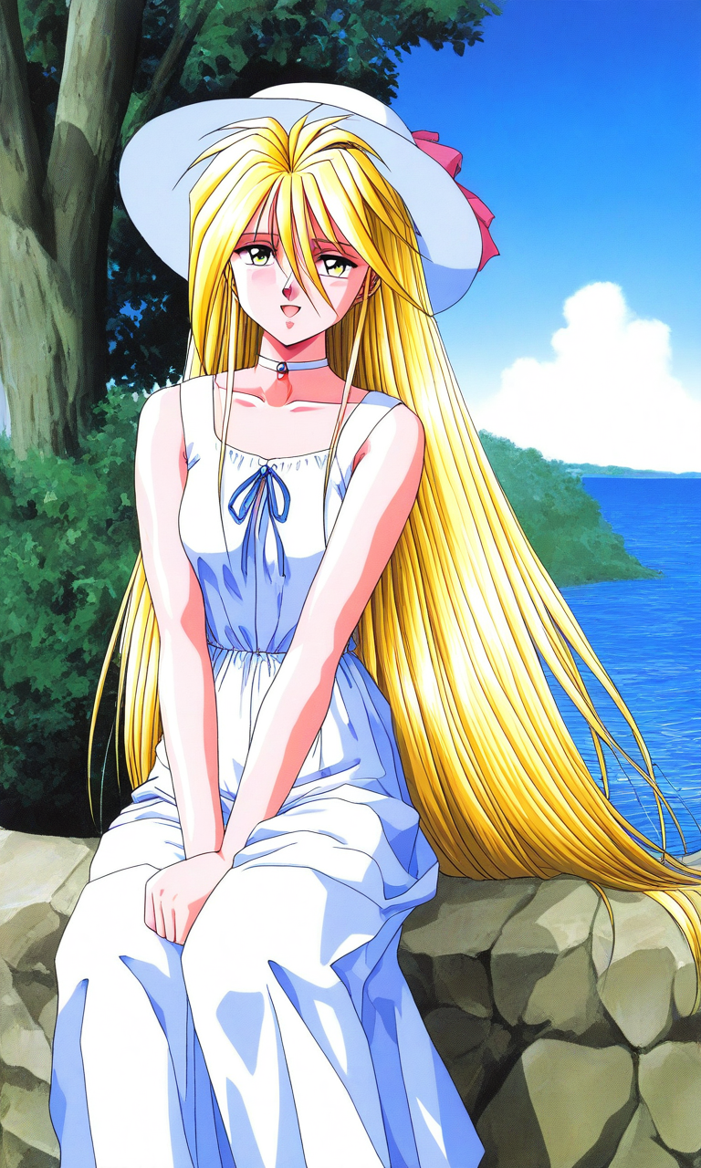 general,highres, ultra-detailed,very aesthetic,best quality ,best hands, BREAK <lora:Ijuuin_Rei_Tokimeki_Memorial_IS:1>
Ijuuin_Rei(Tokimeki_Memorial), 1girl, solo, blonde hair, yellow eyes, hair between eyes, breasts, 
long hair, hat, white dress, sundress, sun hat, day, outdoors,  sitting,
 water, choker, 1990s (style), tree,
very long hair, sleeveless dress, sleeveless, 
sky, hair between eyes, ribbon