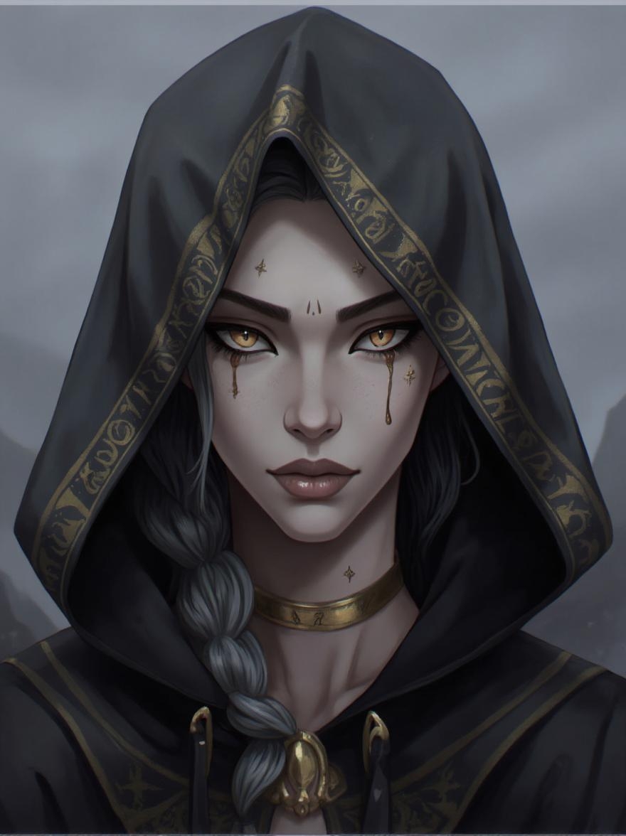 <lora:ck-LttleGhost-000011.safetensors:1> in the style of ck-lttlegh0stA stoic, ethereal woman with striking amber eyes stands against a misty gradient background. Her flawless complexion contrasts with her dark-hooded cloak adorned with intricate gold embellishments, partial silvery hair and chiseled facial contours obscured by the cloak's folds. Golden runes on her face add an otherworldly touch, while a regal gold collar underscores her enigmatic presence.