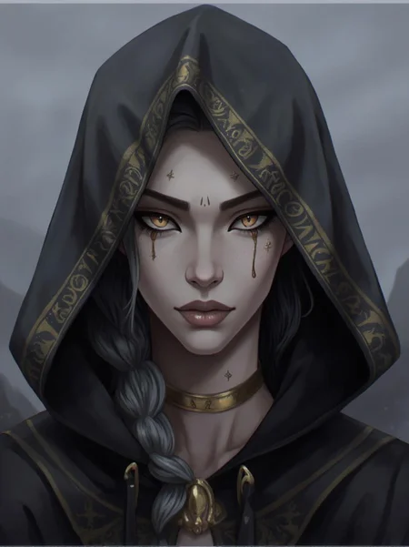 <lora:ck-LttleGhost-000011.safetensors:1> in the style of ck-lttlegh0stA stoic, ethereal woman with striking amber eyes stands against a misty gradient background. Her flawless complexion contrasts with her dark-hooded cloak adorned with intricate gold embellishments, partial silvery hair and chiseled facial contours obscured by the cloak's folds. Golden runes on her face add an otherworldly touch, while a regal gold collar underscores her enigmatic presence.