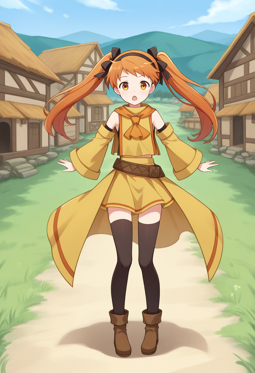 1girl, solo, linalyuri, orange hair, long hair, twintails, hair ribbon, hairband, orange eyes, sleeveless shirt, detached sleeves, tabard, ascot, skirt, waist cape, belt, thighhighs, boots,, outdoors, village, full body, open mouth, :o, standing,