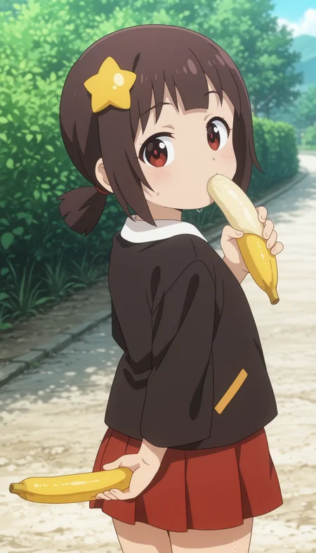 1girl, girl, komekko, shorty, child girl, holds a banana in hand, look at viewer, embarassed, sweat, looks back, cowboy shot, outdoors, <lora:Megumin_komekko_yuiyui_yunyun_kazuma-PDXL_illustrious_v5:1>