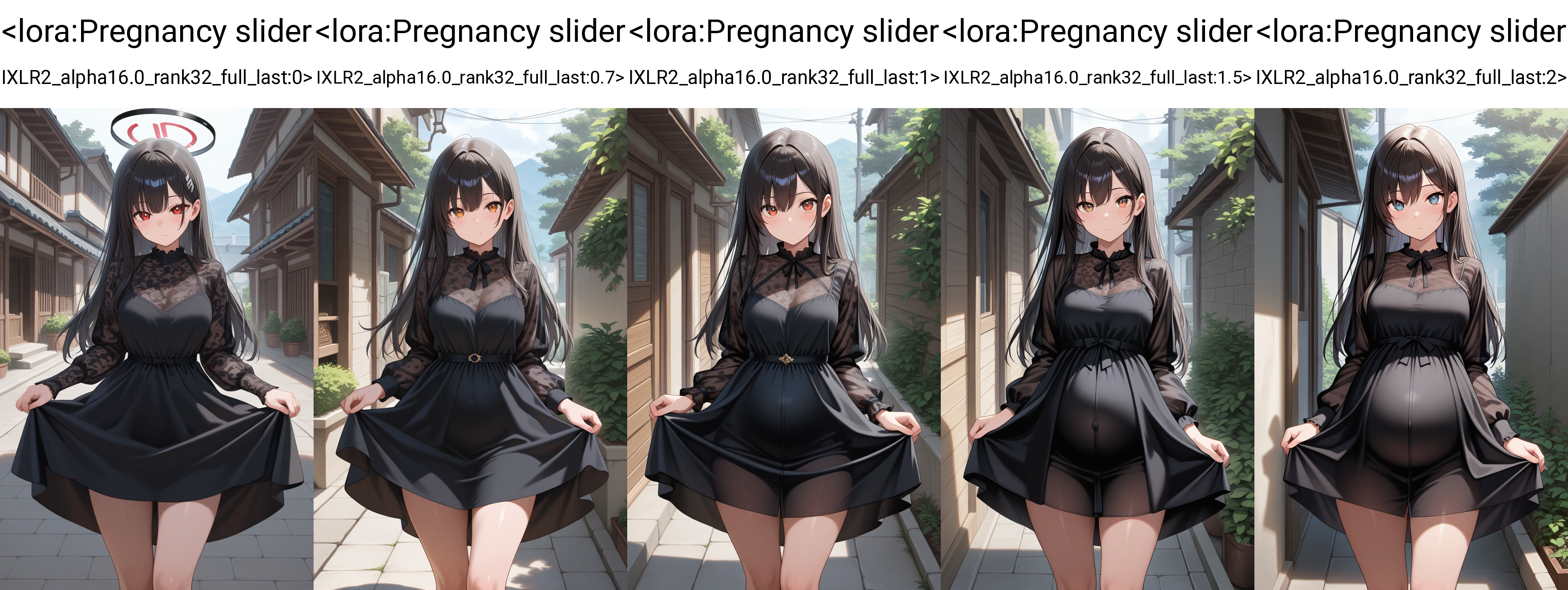masterpiece, best quality, 1girl,  black dress, standing, looking at viewer, outdoors,   <lora:Pregnancy slider IXLR2_alpha16.0_rank32_full_last:0>