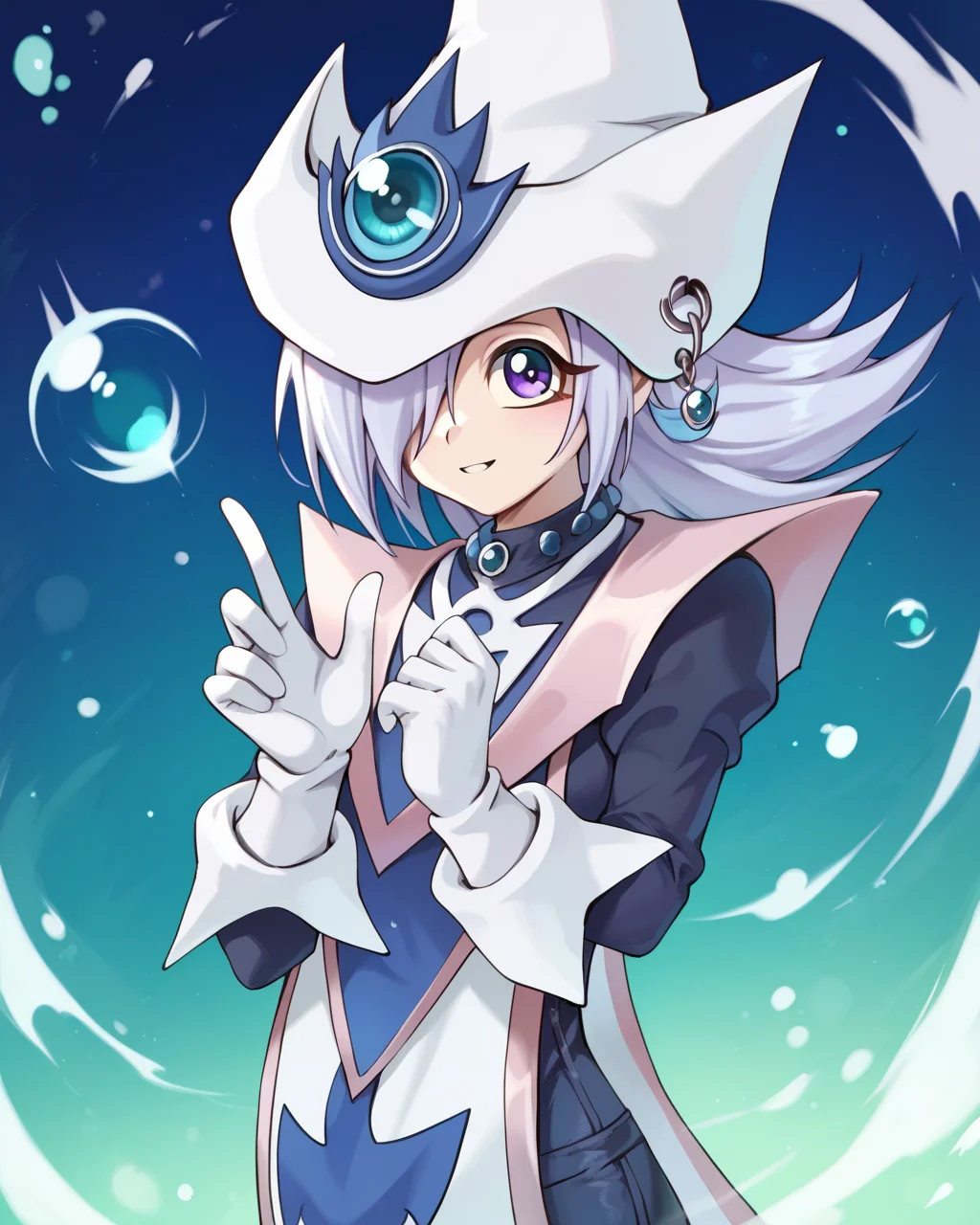 score_9, score_8_up, score_7_up, score_6_up, score_5_up, score_4_up, BREAK source_anime,
<lora:Silent Magician LV4_PONY:1>,silent magician lv4, 1girl, solo, hair over one eye, long hair, white hair, Purple eyes, wizard hat, white gloves,duel monster,