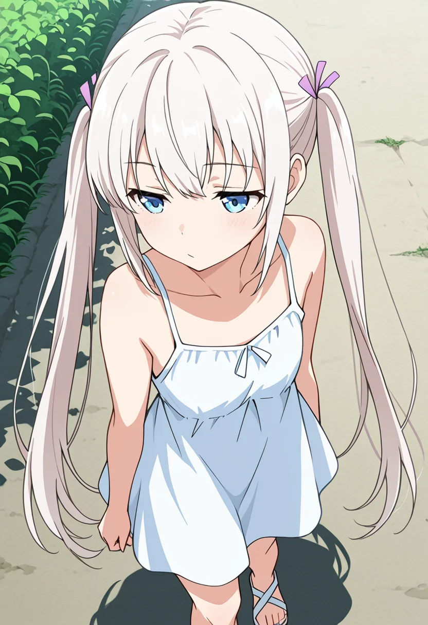 masterpiece,high quality details,
outdoors,
<lora:Komako_Semenovich:0.8>
komako_cnr, 1girl, white hair, very long hair, twintails, blue eyes,sidelocks, hair ribbon,
collarbone, sundress,sleeveless dress,sandals,, :/,