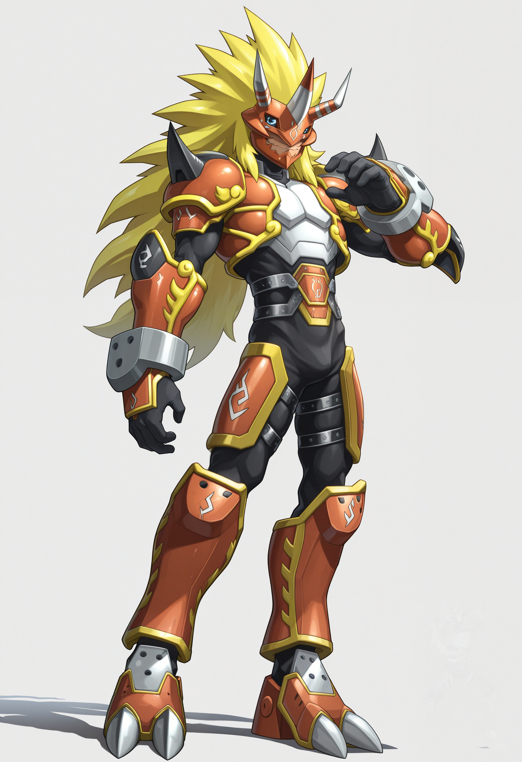 masterpiece,best quality,amazing quality, 1boy, solo, 4gun1, digimon (creature), armor, armored boots, gloves, mask, tan skin, full body, pose,