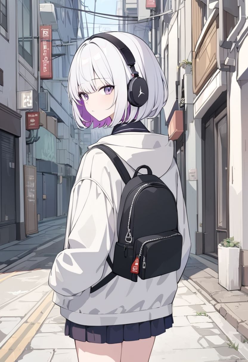 1girl, headphones, headphones on head,
white hair,purple inner, short hair,
purple eyes, 
HDA_flipped hair, 
daily cloth, jacket, medium black backpack,  medium skirt, white Air jordan,
street, sidewalk, walking, back, facing away from viewer, 
beautiful, aesthetic, detailed, beautiful color amazing quality, best quality, high quality