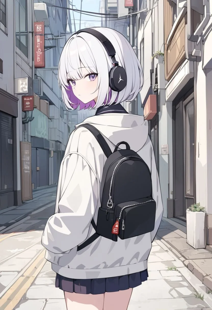 1girl, headphones, headphones on head,
white hair,purple inner, short hair,
purple eyes,
HDA_flipped hair,
daily cloth, jacket, medium black backpack, medium skirt, white Air jordan,
street, sidewalk, walking, back, facing away from viewer,
beautiful, aesthetic, detailed, beautiful color amazing quality, best quality, high quality