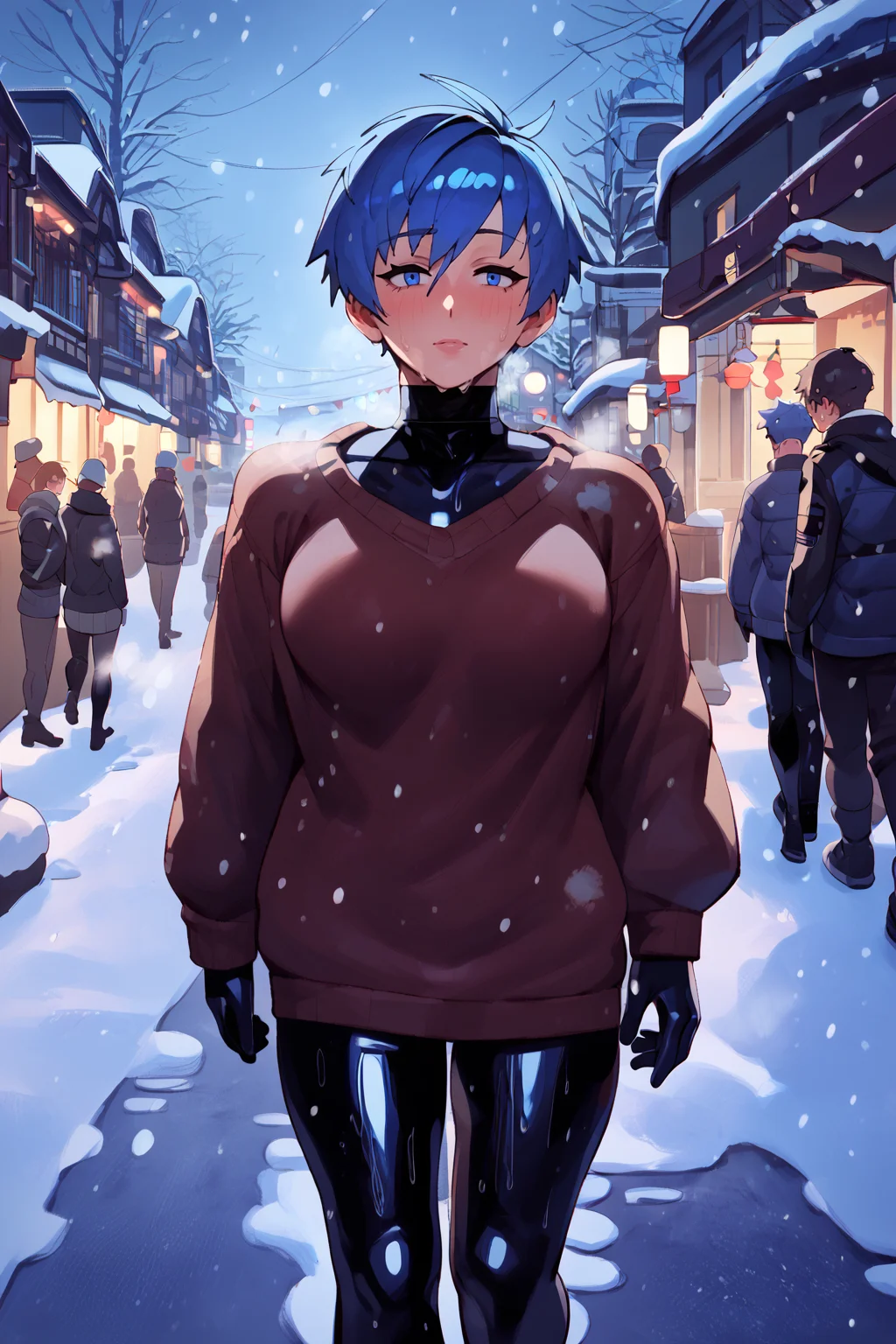 sweater <lora:latex_under_clothes:1> latex under clothes, latex body suit, sweaty, steamy body, short tomboy hair, big boobs, <lora:RD-MAnon-XLV1.1:1> walking donw town, in winter, snowing, breath fog, blue hair and eyes, walking away from viewer, public space, charismas, source_anime, score_9_up, score_7_up, score_8_up
