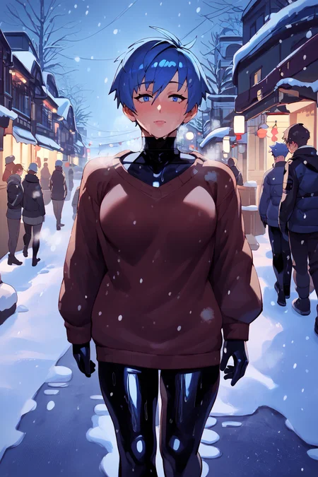 sweater <lora:latex_under_clothes:1> latex under clothes, latex body suit, sweaty, steamy body, short tomboy hair, big boobs, <lora:RD-MAnon-XLV1.1:1> walking donw town, in winter, snowing, breath fog, blue hair and eyes, walking away from viewer, public space, charismas, source_anime, score_9_up, score_7_up, score_8_up