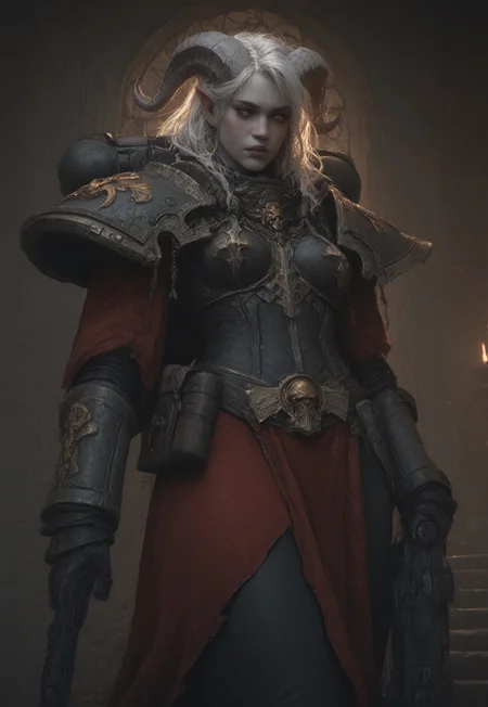 masterpiece, score_9, score_8_up, score_7_up, score_6_up, world of warcraft,
alone, female, draenei, h0rns, ram horns, white horns, athletic arms, pale white skin, long white hair, purple eyes, four fingers, long white tail, stern face,
walking, battlesisterarmor,body armor, pelvic curtain, shoulder pads, gauntlet, a bltgun bolter weapon, bolter, holding gun,
indoor, temple, window, daytime