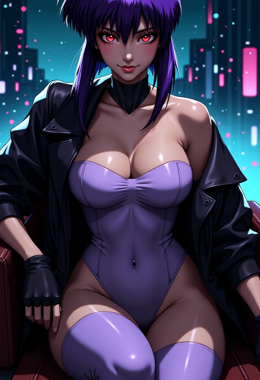 RAW, 8k, very sharp, ((woman looking at viewer)), (smug, smirk:0.3), (stylish hair, beautiful, (evil grin:0.7), Japanese face, japanese body, 1girl, kusanagi motoko, large breasts, fingerless gloves, light purple strapless leotard, light purple thighhighs, black jacket, looking at viewer, Basic Instinct Pose, B4sic1nstinctP0se, basic_instinct_(movie), 1woman, sitting, on_chair, looking at viewer, facing viewer, night, landscape with cyberpunk city, red eyes