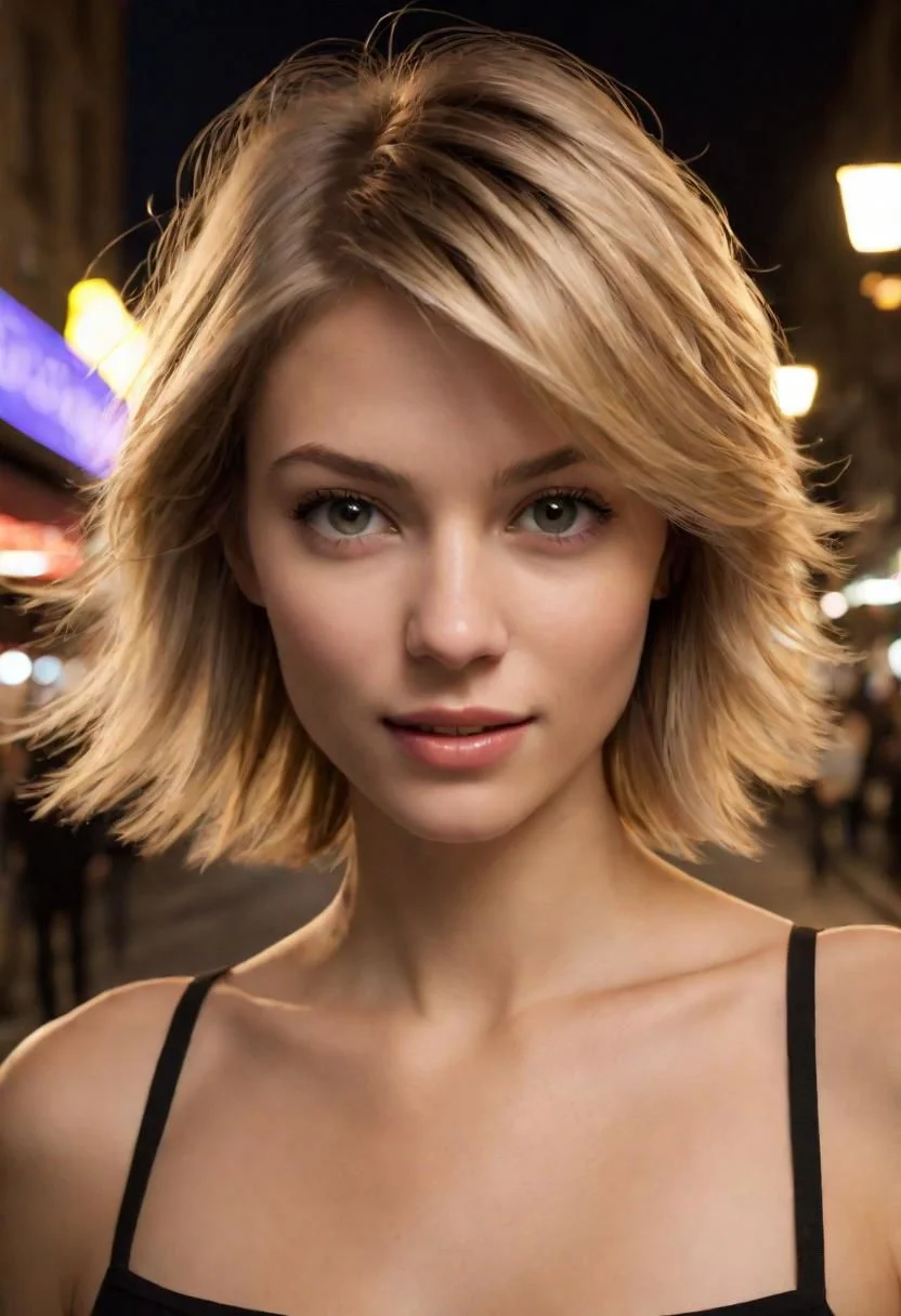Create a photo taken with the front camera of an iPhone 15. An ultra-realistic and detailed photo of a beautiful woman, with short dark blonde hair, captured in motion on a street in nigth club, With motion blur, it is captured in natural daylight.