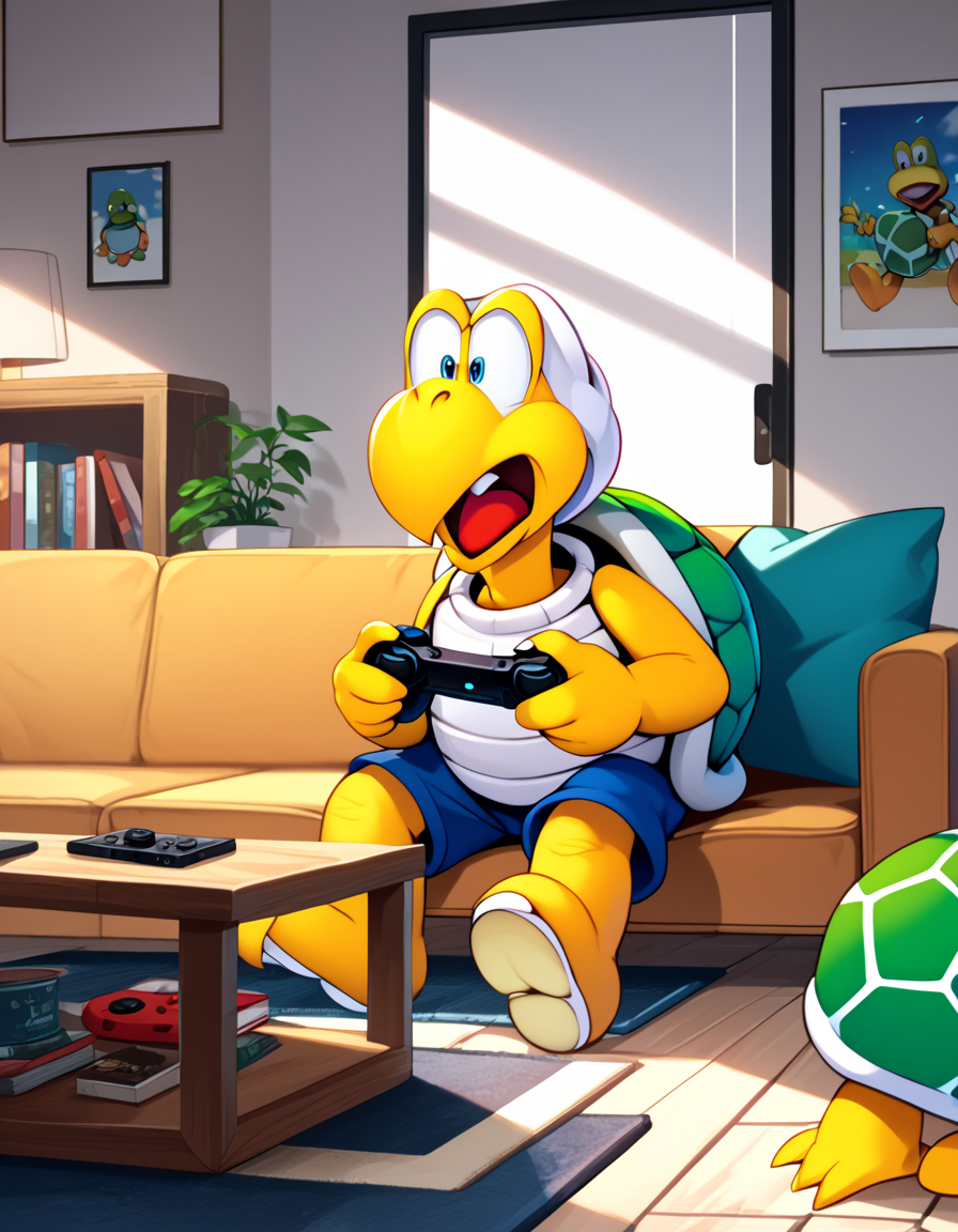 score_9, score_8_up, score_7_up, score_6_up, score_5_up, (koopa troopa,turtlekin,enemy:1), green shell, no huamns, sitting on a couch, angry, holding a game controller, living room, shouting, rating safe,source anime