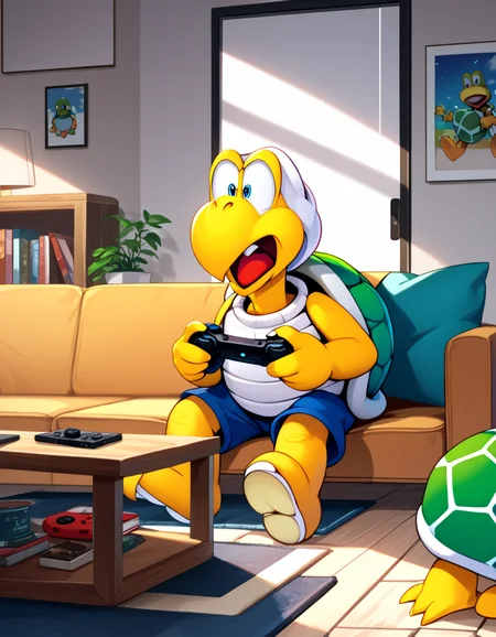 score_9, score_8_up, score_7_up, score_6_up, score_5_up, (koopa troopa,turtlekin,enemy:1), green shell, no huamns, sitting on a couch, angry, holding a game controller, living room, shouting, rating safe,source anime